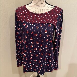 Boden Blue and Red Pleated Long Sleeve Blouse